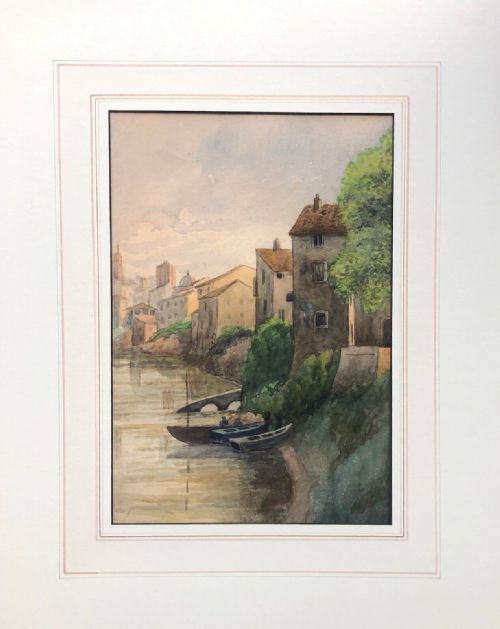 fig 1. Original late 19th Century Antique Watercolour Painting Italian River Landscape with Boat Figure 
