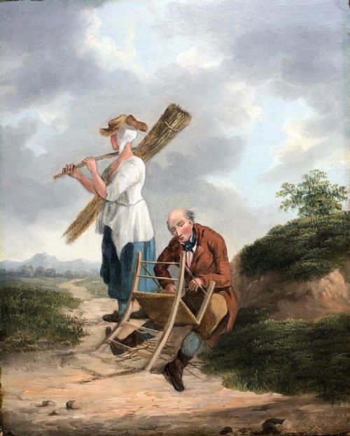 Attributed to Francis Wheatley Ra Original Late 18th Century Antique Oil Painting on Board 'The Chair Mender' English Country Landscape