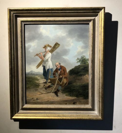 fig 1. Attributed to Francis Wheatley RA Original late 18th Century Antique Oil Painting on Board 'The Chair Mender' English Country Landscape