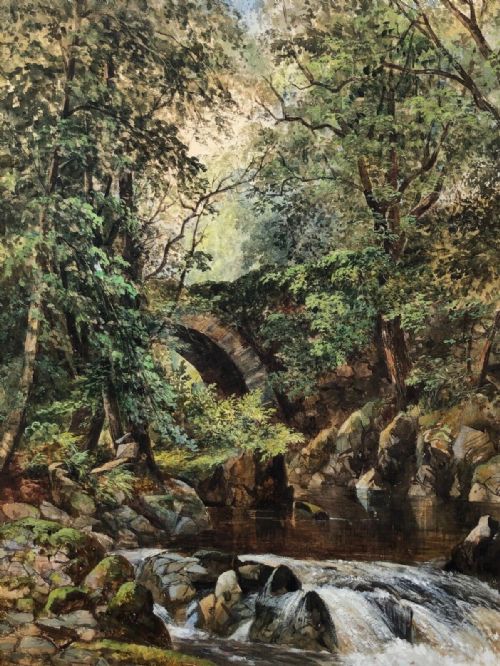 Original Late 19th Century English School Antique Watercolour Painting Woodland Landscape River with a Stone Bridge