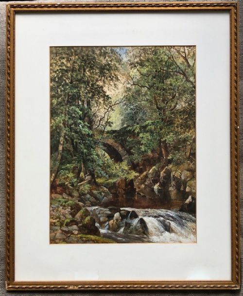 fig 1. Original late 19th Century English School Antique Watercolour Painting Woodland Landscape River with a Stone Bridge