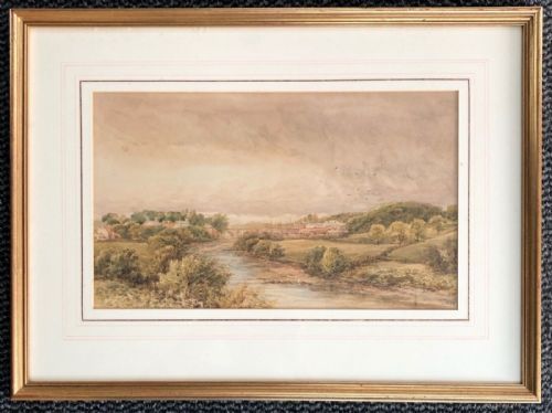 fig 1. James Orrock Signed 1877 Original 19th Century Watercolour Painting 'Croft on Tees, Darlington' English River Landscape