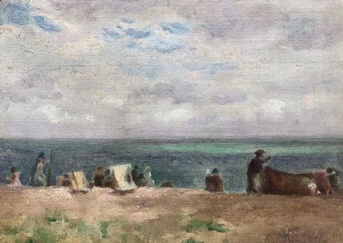 fig 1. Harold Hope Read Original Early 20th Century Vintage Oil Painting on Board Figures on a Beach English Seascape 