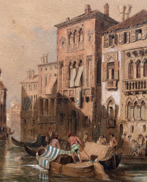 Manner of Samuel Prout Original Early 19th Century Antique Watercolour Painting Venetian Gondoliers Venice Italian Cityscape