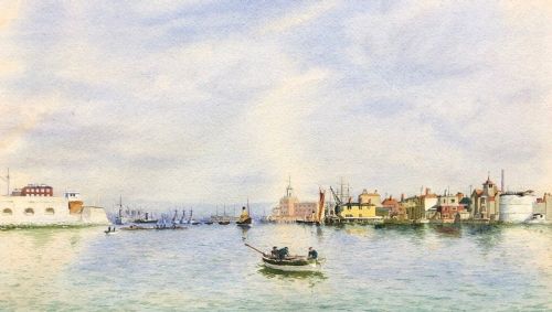 Circle of Martin Snape Original Early 20th Century Antique Watercolour Painting Portsmouth Harbour Naval Ships & Fishing Boats Seascape