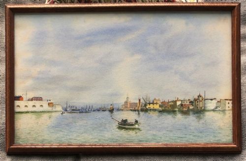 fig 1. Circle of Martin Snape Original early 20th Century Antique Watercolour Painting Portsmouth Harbour Naval Ships & Fishing Boats Seascape