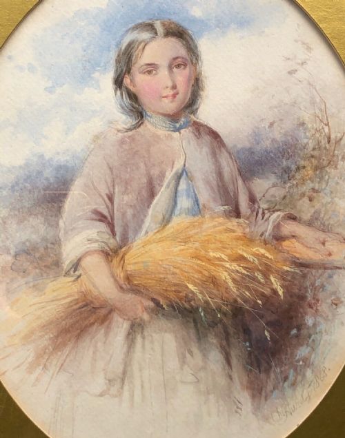 David Hardy 1868 Signed Original 19th Century Victorian Watercolour Painting of a Young Girl Holding a Wheat Sheaf