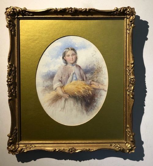 fig 1. David Hardy 1868 Signed Original 19th Century Victorian Watercolour Painting of a Young Girl holding a Wheat sheaf