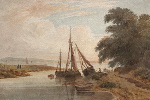Attributed to Cornelius Varley Original Early 19th Century Antique Watercolour Painting Estuary & Fishing Boat Landscape