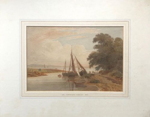 fig 1. Attributed to Cornelius Varley original early 19th Century Antique Watercolour Painting Estuary & Fishing Boat Landscape