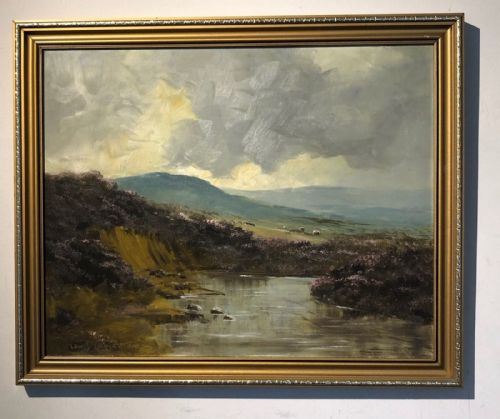 Signed Lewis Creighton Original Mid 20th Century Vintage Oil Painting on Board Sheep in a Yorkshire Moorland Landscape