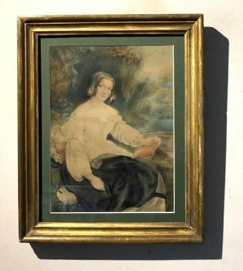 fig 1. English School Original early 19th Century Antique Watercolour Painting Portrait of a Young Victorian Lady Painting en Plein Inscribed Verso