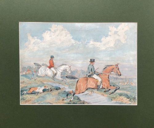 fig 1. Signed H (Henry) Alken Original C19th English Watercolour Painting Hunting Landscape Jumping a Stream with Hounds