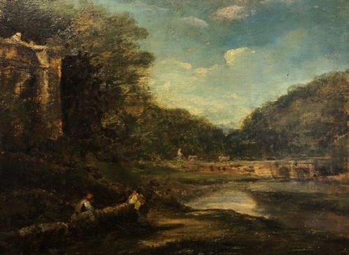 British School Original Early 19th Century Oil Painting on Wood Panel River Landscape with Figures Working on a Building