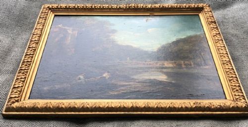 fig 1. British School Original early 19th Century Oil Painting on Wood Panel River Landscape with Figures working on a Building