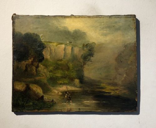 fig 1. Original 18th Century Antique Oil Painting on Canvas Man Fishing at Grimbald Crag Knaresborough Historical Yorkshire Landscape