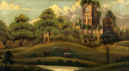 fig 1. Original 18th Century Antique Naïve Oil Painting on Canvas Abbey Ruins with Cattle Landscape Possibly Fountains Abbey Yorkshire