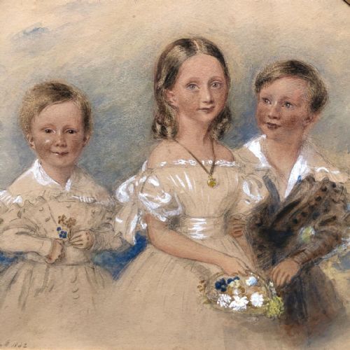 fig 1. Sydney Buck 1842 Signed Original mid 19th Century Antique Watercolour Portrait Painting of the Harrison Children