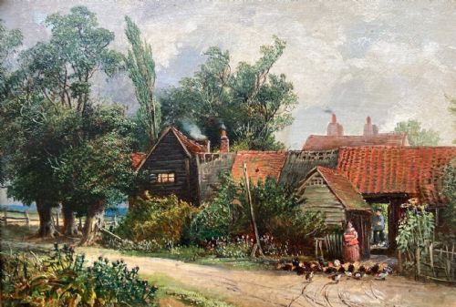 Edward Adveno Brooke 1864 Signed Original 19th Century Antique Oil Painting on Panel Old Farm Buildings on Country Lane English Landscape