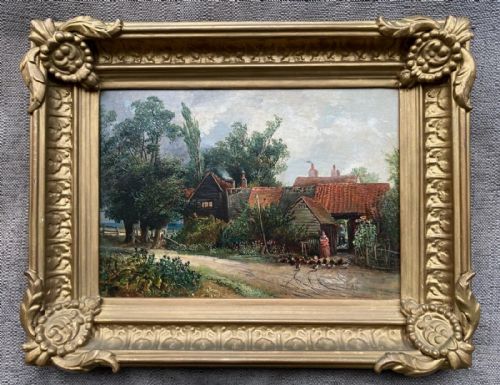 fig 1. Edward Adveno Brooke 1864 Signed Original 19th Century Antique Oil Painting on Panel Old Farm Buildings on Country Lane English Landscape