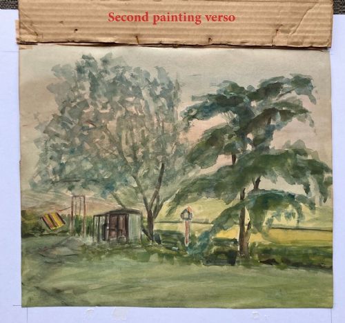 fig 1. Mid-century watercolour painting depicting rolling Yorkshire hills and a harvested field with haystacks, a human figure, and a small dog under a pale blue sky.