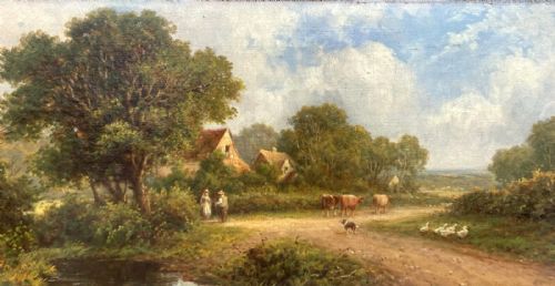 Robert Fenson 1908 Signed (Aka Henry Maidment) Original Early 20th Century Antique Oil Painting on Canvas Farm Landscape with Cattle & Geese