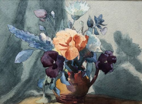 fig 1. Olive Higginbottom Original Antique Watercolour Still Life Flowers in a Brown Jug Painting No. 25