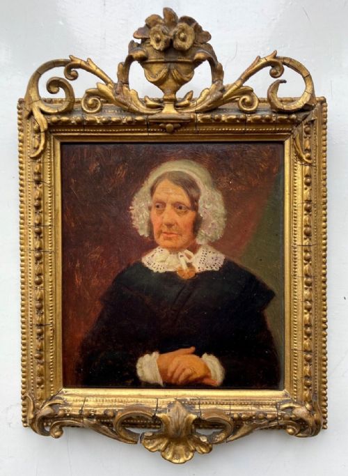Original 19th Century Antique Miniature Oil Painting Portrait of a Victorian Lady Wearing a Lace Cap & Black Dress
