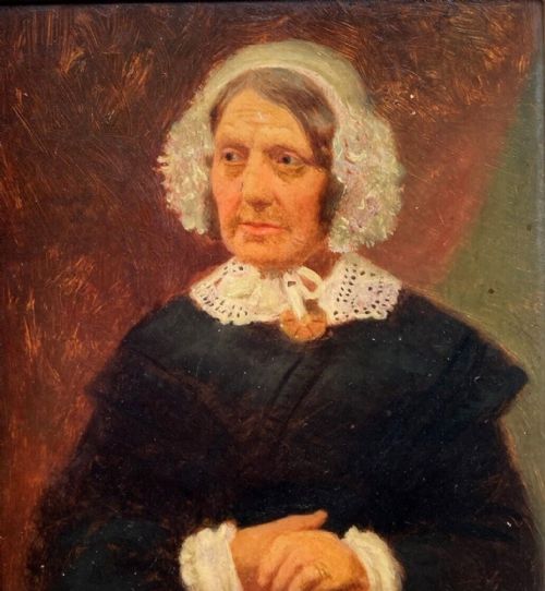 fig 1. Original 19th Century Antique Miniature Oil Painting Portrait of a Victorian Lady wearing a Lace Cap & Black Dress
