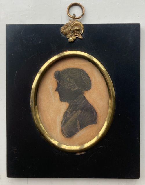 Original 18th Century Antique Silhouette Miniature Portrait of a Female Figure Dated 1715 Verso