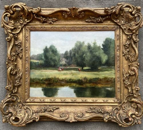 Mid 20th Century British School Original Oil Painting on Board Cattle Grazing by the Riverbank Presented in Ornate Frame