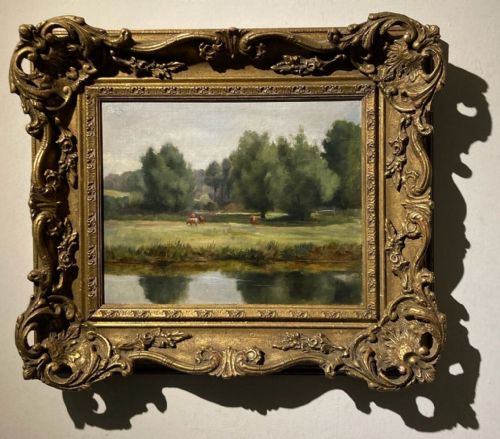 fig 1. Mid 20th Century British School Original Oil Painting on Board Cattle Grazing by the Riverbank Presented in Ornate Frame