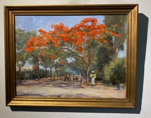 fig 1. Indistinctly Signed 1925 Early 20th Century Original Antique Oil Painting on Panel Cairo Egypt Flame Trees & Figures Landscape