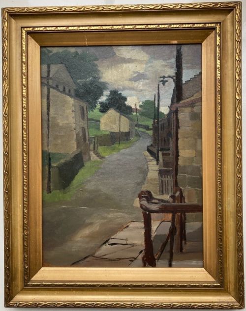 fig 1. Mid C20th Vintage Northern Art British School Original Oil Painting on Board Country Village Road & Farm Building Landscape