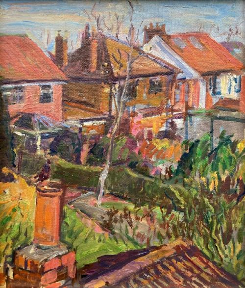 Early 20th Century Vintage Northern Art British School Original Oil Painting on Board Roof Tops & Back Garden Landscape