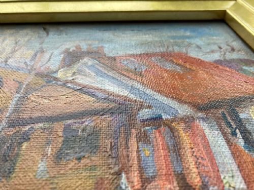 fig 1. Early 20th Century Vintage Northern Art British School Original Oil Painting on Board Roof Tops & Back Garden Landscape