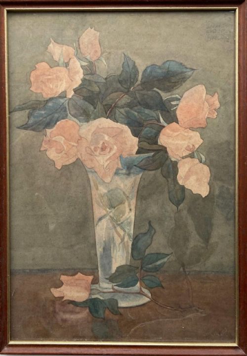 fig 1. Olive Higginbottom Original early 20th Century Antique Watercolour Painting Still Life Study of Peach Roses in a Glass Vase No. 26