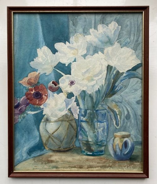 fig 1. Olive Higginbottom early 20th Century Original Antique Watercolour Painting Still Life Study of White Roses & Anemones No. 27