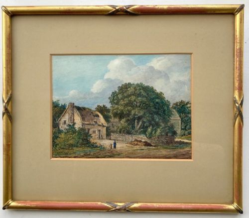 Original 19th Century English School Antique Watercolour Painting Figures & Farm Buildings English Country Landscape