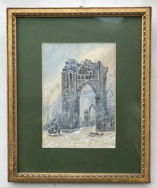 fig 1. William James Boddy Original 19th Century Antique Watercolour Painting St Mary's Abbey in Snow Museum Gardens York Yorkshire Landscape