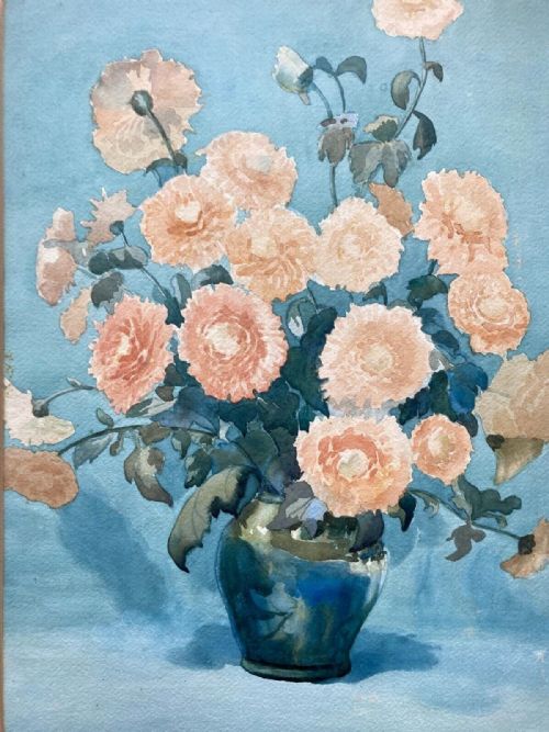 Olive Higginbottom Signed Original Early 20th Century Antique Watercolour Painting Still Life Study of Orange Flowers in a Blue Vase No. 29