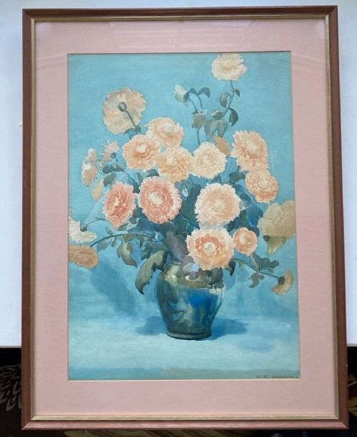 fig 1. Olive Higginbottom Signed Original Early 20th Century Antique Watercolour Painting Still Life Study of Orange Flowers in a Blue Vase No. 29