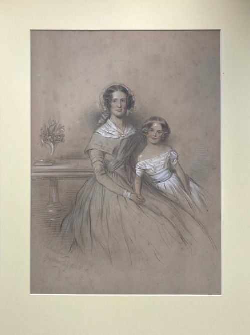 fig 1. Georges Woodley 1840 Signed Original 19th Century Antique Watercolour Painting Family Portrait Mother & Daughter
