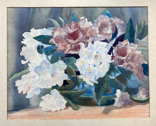 fig 1. Olive Higginbottom Large Framed Original early20th Century Antique Watercolour Painting Still Life Study of Rhododendron Flowers No 30