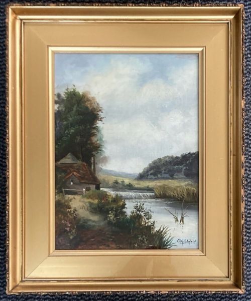 fig 1. Charles W Oswald Signed Original late 19th Century Antique Oil Painting on Canvas Watermill River & Cottage Landscape