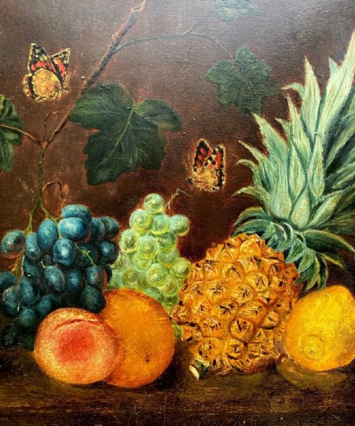 fig 1. Original 19th Century English School Antique Still Life Oil Painting on Wood Panel Fruit & Butterfly Study