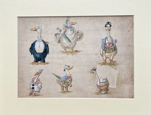 fig 1. Original Early 20th Century Antique Watercolour Painting Cartoon Geese Caricatures Designs for Stoke Pottery