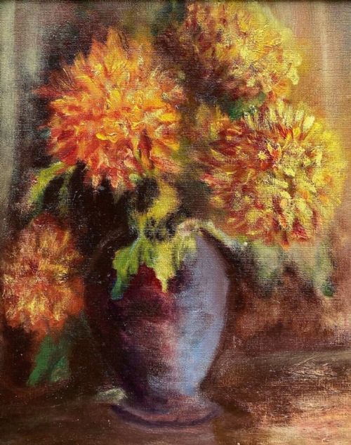fig 1. Original mid 20th Century Vintage Oil Painting on Board Still Life Study of Dahlia Flowers Presented in Decorative Gilt Frame