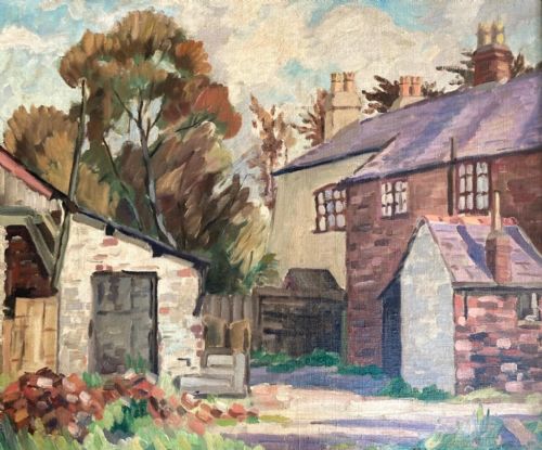 fig 1. John Bowes Signed Original circa 1950 Vintage Oil Painting on Canvas English Farmstead Country Landscape