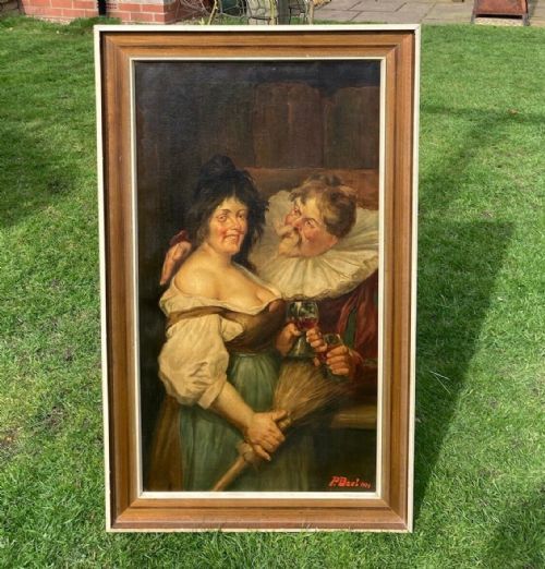 fig 1. P Beal 1908 Signed Antique Oil Painting on Canvas Dutch School Tavern Interior Male & Female Revelers